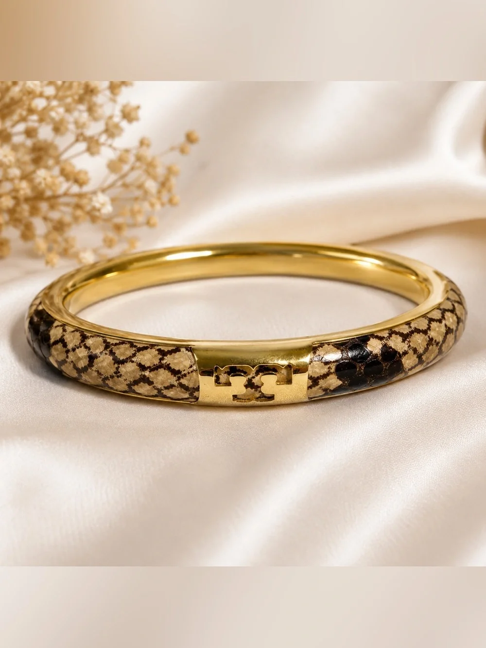 Tory Burch Women’s Leather Inlay Snake Print Gold Double T Bangle Bracelet